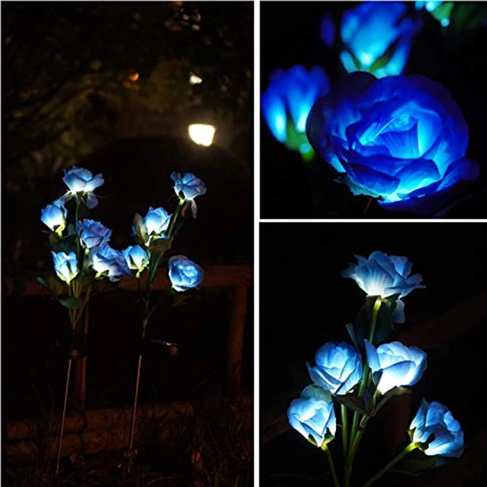 Decorman Solar Garden Rose Lights - 2 Pack Realistic Outdoor Flower Lights, Waterproof LED Stake Landscape Decorative for Garden, Lawn, Yard, Pathway, Patio, Backyard (Blue, 10 Roses) by Decorman - Image 2