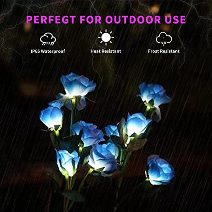 Decorman Solar Garden Rose Lights - 2 Pack Realistic Outdoor Flower Lights, Waterproof LED Stake Landscape Decorative for Garden, Lawn, Yard, Pathway, Patio, Backyard (Blue, 10 Roses) by Decorman - Image 3