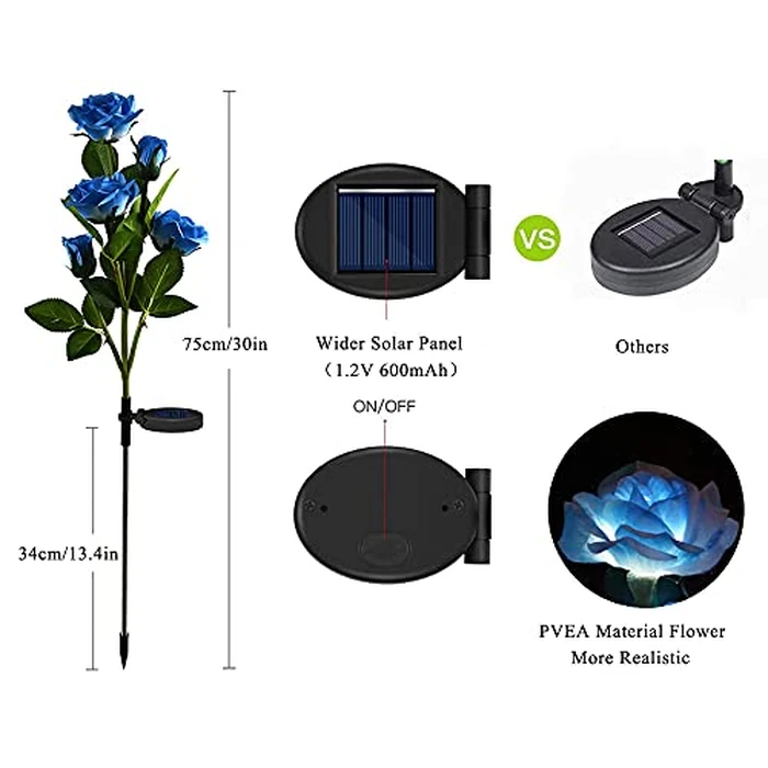 Decorman Solar Garden Rose Lights - 2 Pack Realistic Outdoor Flower Lights, Waterproof LED Stake Landscape Decorative for Garden, Lawn, Yard, Pathway, Patio, Backyard (Blue, 10 Roses) by Decorman - Image 6