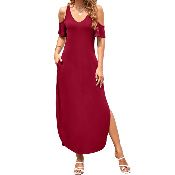 HUSKARY Maxi Dresses for Women 2026 Spring Summer Trendy V Neck Cold Shoulder Short Sleeve Casual Elegant Flowy Loose Long Dress with Split and Pocket Burgundy by HUSKARY - Image 1