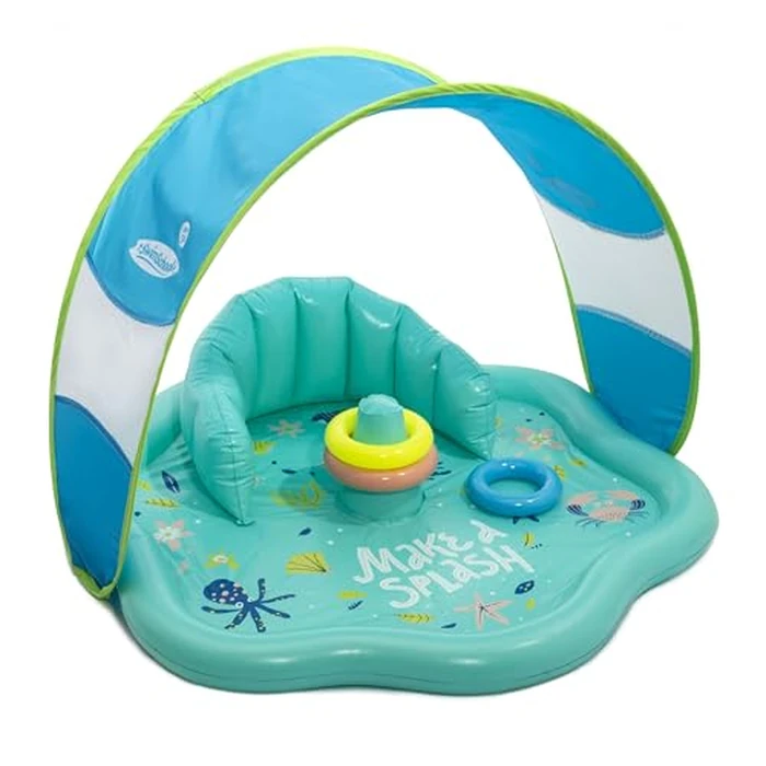 SwimSchool Baby Splash Play Mat with Adjustable Canopy - Inflatable Play Pool for Babies & Infants with Backrest - Includes Baby Water Toy Rings by SwimSchool - Used - Very Good condition - US$24.43