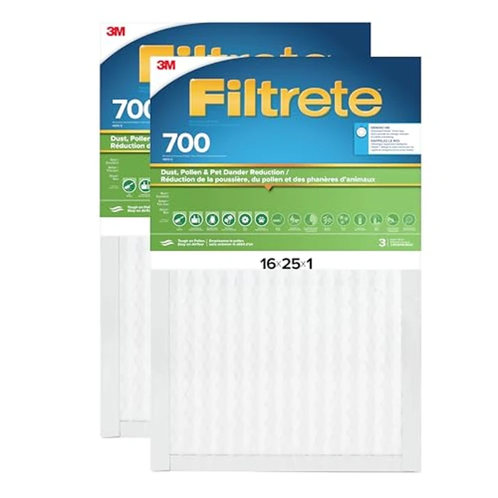 Filtrete 16x25x1 AC Furnace Air Filter, MPR 700, MERV 8, Tough on Pollen, Easy on Airflow, 3-Month Pleated 1-Inch Electrostatic Air Cleaning Filter, 2-Pack (Actual Size 15.68 x 24.56 x 0.78 in) by Filtrete - Image 1