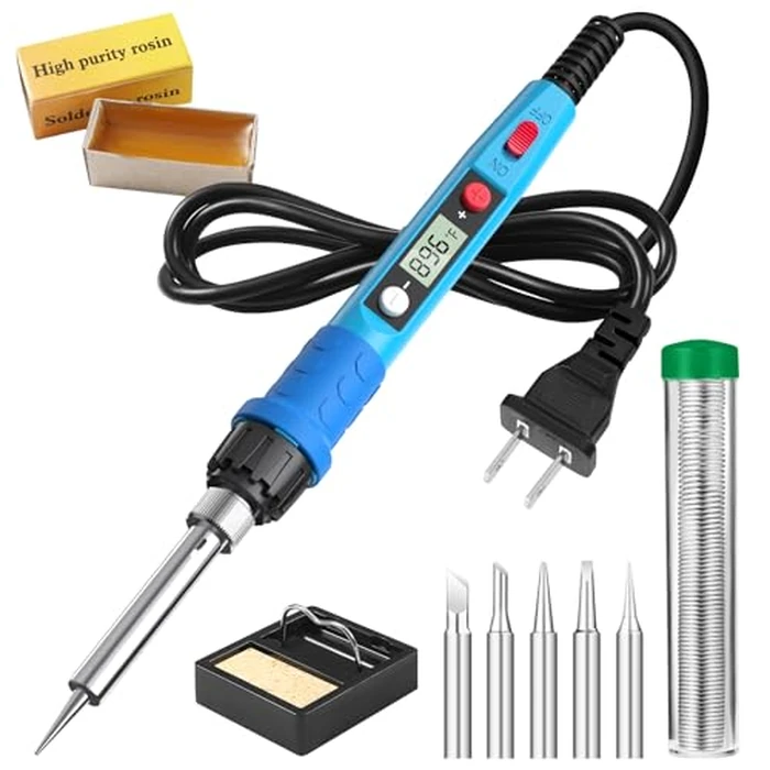 Soldering Iron Kit, 80W 110V LCD Digital Solder Iron Pen with Ceramic Heater, Portable Welding Tools with 5pcs Tips, Stand, Solders Wire, Sponge, Paste, for Metal,Electric Repairs, DIY by Q-MING - Used - Like New condition - US$10.69