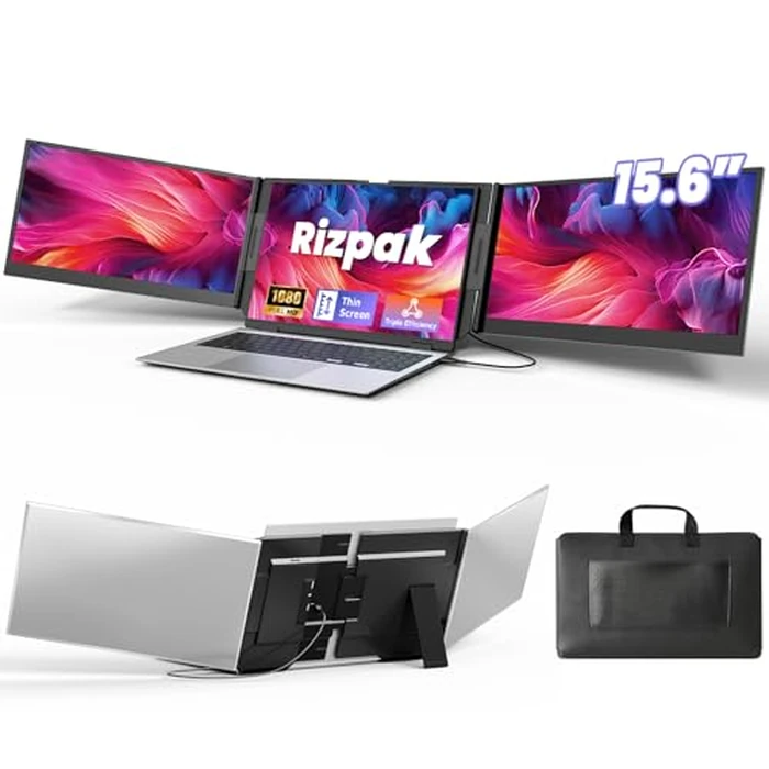 Rizpak One Cable Laptop Screen Extender, 15.6” Ultra-Slim Triple Portable Monitor, 1080P FHD IPS Display, USB-C/USB-A Connection, Travel Monitor for 13-17.3" Laptops, MacOS/Windows/Android by Rizpak - Image 1