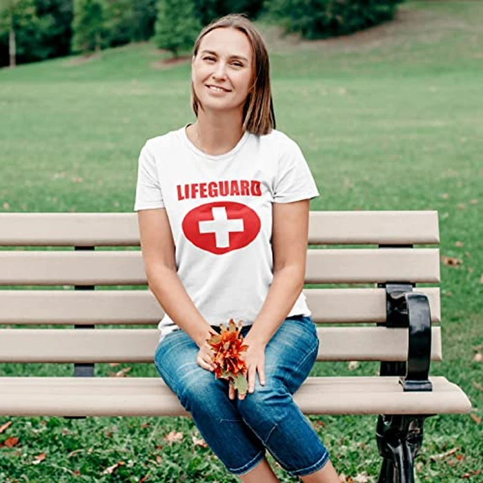 lepni.me Women's T-Shirt Lifeguard White or Red Cross Lifeguarding Uniform Costume (S White Multi Color) by lepni.me - Image 2