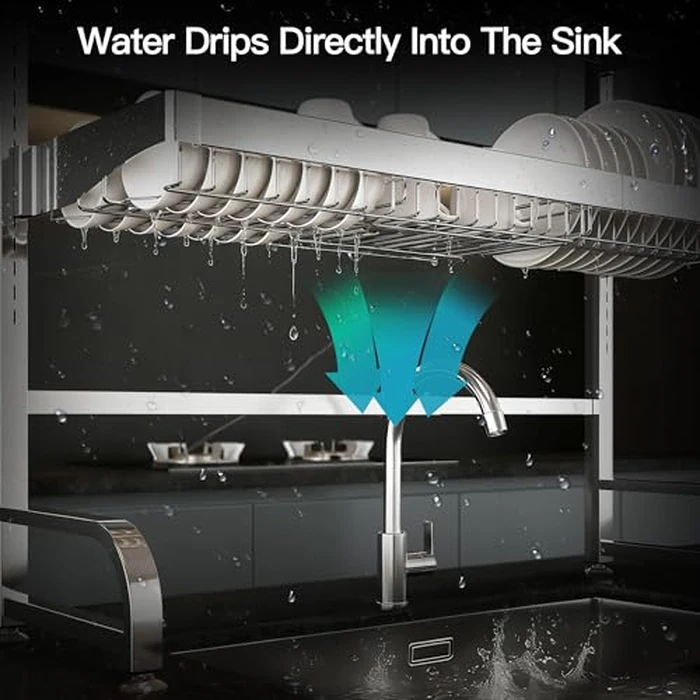 MAJALiS Over Sink Dish Drying Rack 3 Tier Full Stainless Steel Large Drainer for Kitchen, Height Adjustable Above Sink Shelf, Expandable Space Saving Over Counter Organizer with 10 Hooks, Silver by MAJALiS - Image 6