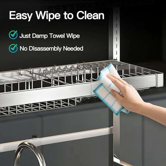 MAJALiS Over Sink Dish Drying Rack 3 Tier Full Stainless Steel Large Drainer for Kitchen, Height Adjustable Above Sink Shelf, Expandable Space Saving Over Counter Organizer with 10 Hooks, Silver by MAJALiS - Image 9
