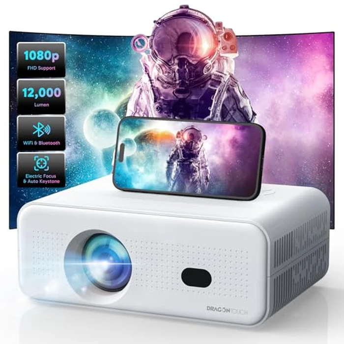 Electric Focus Mini Projector with 5G WiFi and Bluetooth, Support FHD 1080P Smart Video Projector, 12000L Portable Movie Projector with Auto Keystone Compatible with iOS/Android/TV Stick/HDMI/PS5 by Dragon Touch - Image 1