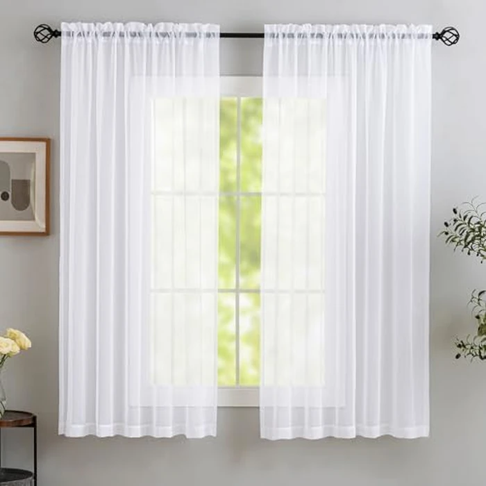 Sheer Curtains 45 inches Long, Rod Pocket Super Soft White Sheer Curtain Panels for Living Room, Kitchen, Bedroom, Small Window Curtains Light Filters - Breathable, 2 Panels, White, 52" W x 45" L by CaaMoo - Used - Good condition