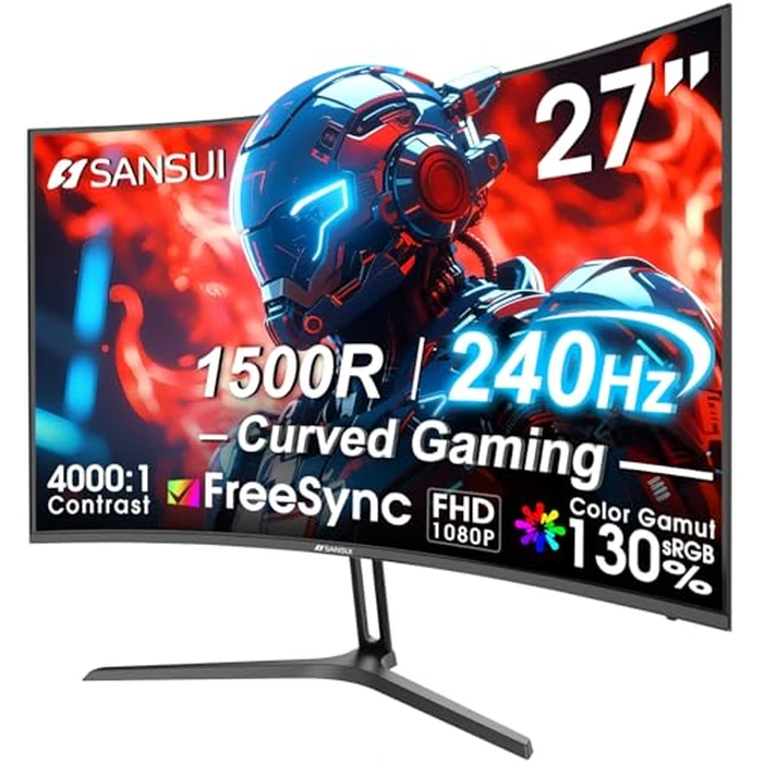 SANSUI 27 Inch Curved 240Hz Gaming Monitor FHD 1080P, 1500R Curve Computer Monitor, 130% sRGB, 4000:1 Contrast, HDR, FreeSync, MPRT 1Ms, Low Blue Light, HDMI DP Ports, Metal Stand, DP Cable Incl. by SANSUI - Used - Like New condition