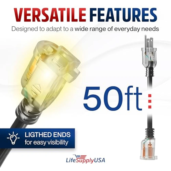 50ft Outdoor/Indoor Extension Cord 14/3 Gauge Heavy Duty 3 Prong SJTW, Waterproof, Flexible Cold-Resistant Long Power Cord,15A 125V 1875W, Black by LifeSupplyUSA by LifeSupplyUSA - Image 6