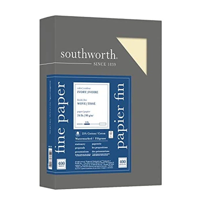 Southworth 25% Cotton Business Paper, 8.5” x 11", 24 lb/90 gsm, Wove Finish, Ivory, 500 Sheets - Packaging May Vary (404IC) by Southworth - Used - Very Good condition