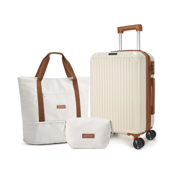LIGHT FLIGHT 3-Piece Luggage Sets, Expandable Carry On Luggage 22x14x9 Airline Approved, Hardside Carry On Suitcases with Wheels, TSA Lock Travel Luggage Sets, Beige and Brown by LIGHT FLIGHT - Used - Like New condition - US$59.99