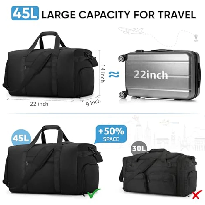 ETRONIK Carry On Luggage 22x14x9 Airline Approved, 45L Waterproof Duffle Bag for Travel, Lightweight Carry on Travel Duffel Bags with Shoe Compartment, Weekender Overnight Gym Bag for Men Women, Black by ETRONIK - Image 3