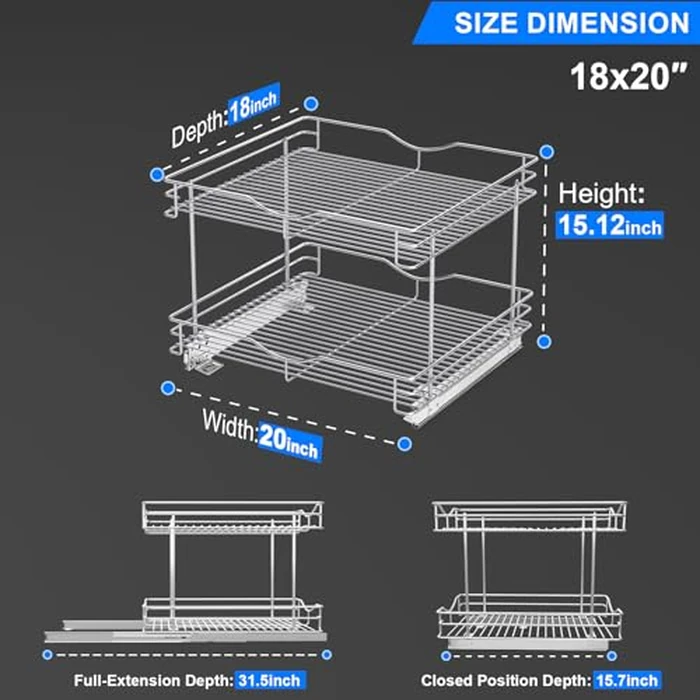 Fulgente 20"*18'' Chrome Finish Pull Out Cabinet Organizer - 2 Tier Heavy Duty Slide Out Kitchen Pantry Shelves, Rustproof Under Sink Storage Drawer for Kitchen & Bathroom by FULGENTE - Image 3