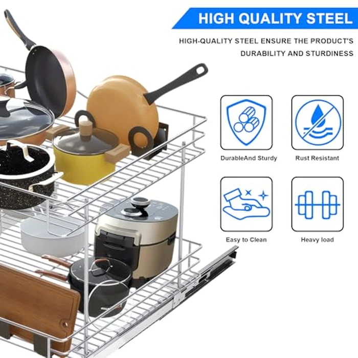 Fulgente 20"*18'' Chrome Finish Pull Out Cabinet Organizer - 2 Tier Heavy Duty Slide Out Kitchen Pantry Shelves, Rustproof Under Sink Storage Drawer for Kitchen & Bathroom by FULGENTE - Image 4