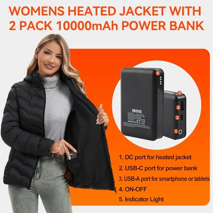 NBtoUS Womens Heated Jacket with 2PCS 10000mAh Power Bank,3 Heating Level, 9 Heating Zone (L) by NBtoUS - Image 3