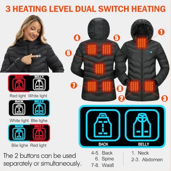 NBtoUS Womens Heated Jacket with 2PCS 10000mAh Power Bank,3 Heating Level, 9 Heating Zone (L) by NBtoUS - Image 4