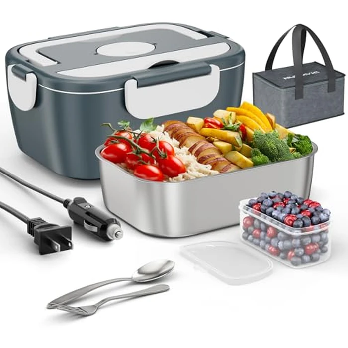 Nulmvic 75W Electric Lunch Box 12V/24V/110V 3-in-1 Portable Leak-Proof 1.5L Thermos Food Container for Car/Truck/Home/Office/School with Fork, Spoon & Insulated Lunch Bag for Women Men (Blue) by nulmvic - Image 1