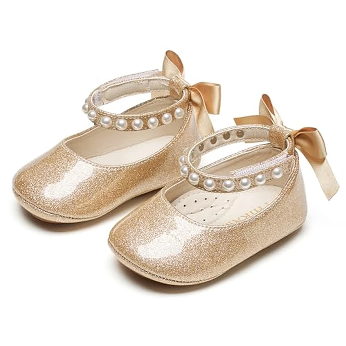 PHIRAMIN Baby Girls Glitter Gold Mary Jane Flats - Infant 6-9 Months Walking Shoes Soft Rubber Sole Princess Wedding by PHIRAMIN - Image 6