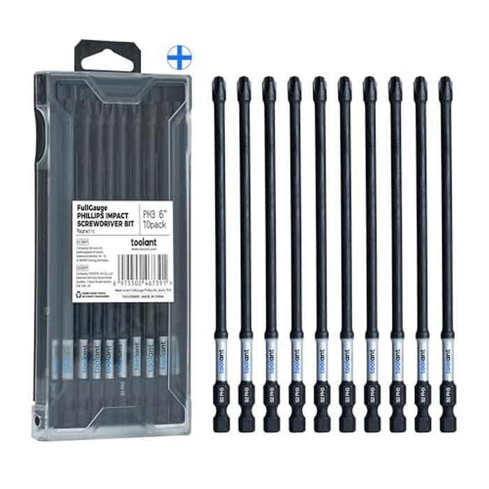 toolant 6 Inch Long Phillips Bit#3 Magnetic Anti Slip Impact Screwdriver Bits Set,10pcs Insert S2 Steel PH3 Driver Dit Set with CNC Machined Tips for Power Drill by toolant - Used - Like New condition