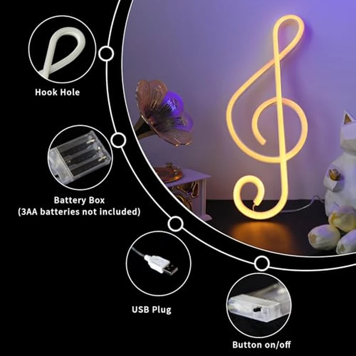 Music Note Neon Lights Warm White Neon Signs LED Neon Lights Personalized Led Neon Sign for Wall Bedroom Living Room Party Bar Store Decor USB or Battery Powered Musical Note Creative Lighting by ENUOLI - Image 8