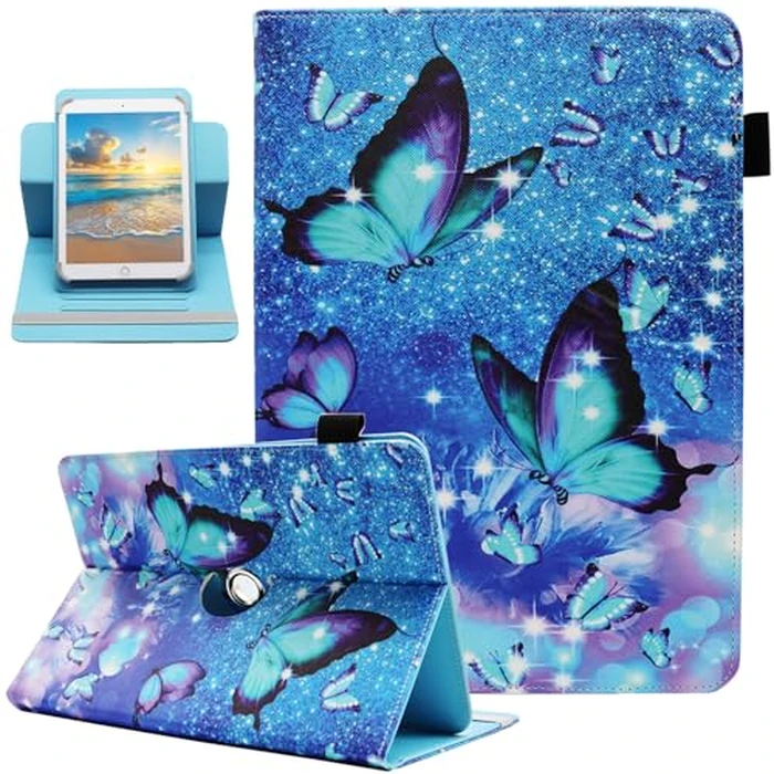 Universal 10 10.1 Inch Android Tablet Case, Dluggs 360 Degree Rotating Case for Amazon Fire HD 10 / iPad 10.2 / Galaxy Tab A A8 10.5 10.1 and Other 9.5-10.5 Inch Tablet, Blue Butterfly by Dluggs - Image 1