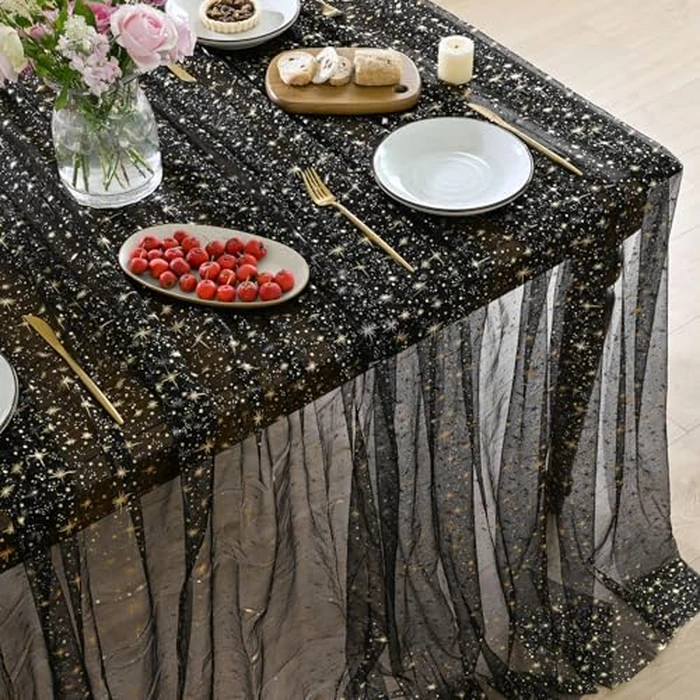 Horaldaily Black Gold Sparkling Star Gauze Tablecloth 60x84 Inch Rectangular, Golden Star Sequin Glitter Metallic Foil, Sheer Chiffon Tulle Cheesecloth for Wedding Baby Shower Party by Horaldaily - Used - Good condition - CA$17.84