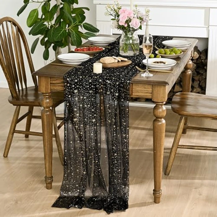 Horaldaily Black Gold Sparkling Star Gauze Tablecloth 60x84 Inch Rectangular, Golden Star Sequin Glitter Metallic Foil, Sheer Chiffon Tulle Cheesecloth for Wedding Baby Shower Party by Horaldaily - Image 2