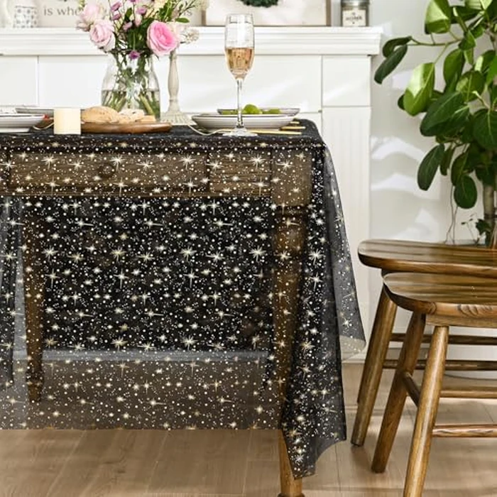 Horaldaily Black Gold Sparkling Star Gauze Tablecloth 60x84 Inch Rectangular, Golden Star Sequin Glitter Metallic Foil, Sheer Chiffon Tulle Cheesecloth for Wedding Baby Shower Party by Horaldaily - Image 4