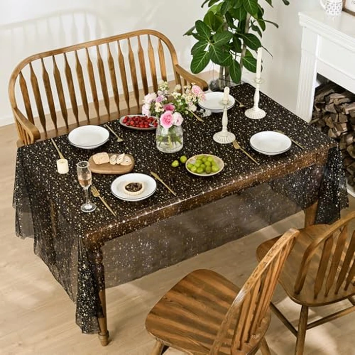 Horaldaily Black Gold Sparkling Star Gauze Tablecloth 60x84 Inch Rectangular, Golden Star Sequin Glitter Metallic Foil, Sheer Chiffon Tulle Cheesecloth for Wedding Baby Shower Party by Horaldaily - Image 5