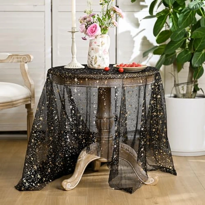 Horaldaily Black Gold Sparkling Star Gauze Tablecloth 60x84 Inch Rectangular, Golden Star Sequin Glitter Metallic Foil, Sheer Chiffon Tulle Cheesecloth for Wedding Baby Shower Party by Horaldaily - Image 6