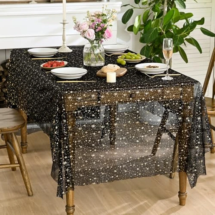 Horaldaily Black Gold Sparkling Star Gauze Tablecloth 60x84 Inch Rectangular, Golden Star Sequin Glitter Metallic Foil, Sheer Chiffon Tulle Cheesecloth for Wedding Baby Shower Party by Horaldaily - Image 7