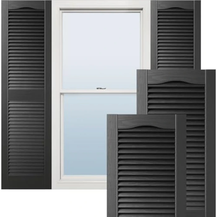 14 1/2"W x 39"H Lifetime Vinyl, Standard Cathedral Top Center Mullion, Open Louver Shutters, w/Installation Shutter-Lok's & Matching Screws (Per Pair), Black by Ekena Millwork - Used - Very Good condition - CA$69.30