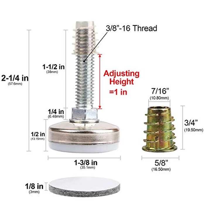 Heavy Duty Furniture Levelers Adjustable Furniture Legs Levelers, Leveling Feet for Tables Chairs Cabinets Sofa Raiser, Support 1320LBs, T- Nut Kit 3/8”-16 Thread, Large Base,w/ 4 Felt Pads (8 Pack) by Anwenk - Image 2