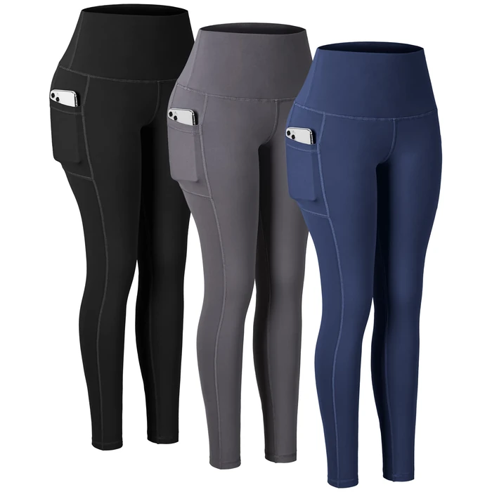 CHRLEISURE Leggings with Pockets for Women, High Waisted Tummy Control Workout Yoga Pants(3Packs Black,Gray,Navy, L) by CHRLEISURE - Used - Like New condition - US$32.57