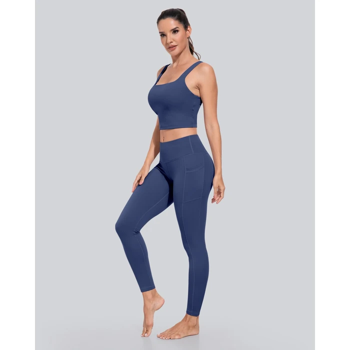 CHRLEISURE Leggings with Pockets for Women, High Waisted Tummy Control Workout Yoga Pants(3Packs Black,Gray,Navy, L) by CHRLEISURE - Image 4