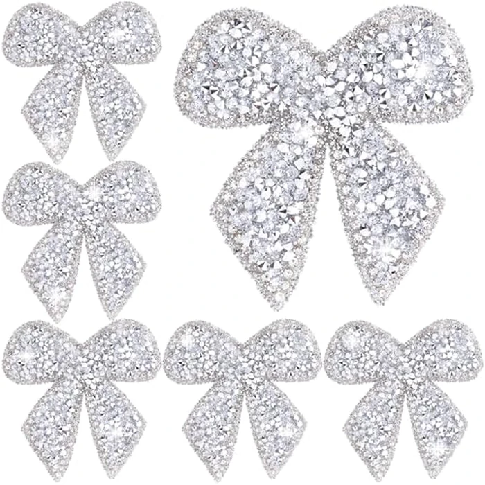 SmallCat 6pcs Bow Rhinestone Patches, Glitter Bowknot Applique, Self-Adhesive Repair Bow Clothing Patches for Jackets Hats Bags Jeans Shoes- Silver by SmallCat - Used - Like New condition