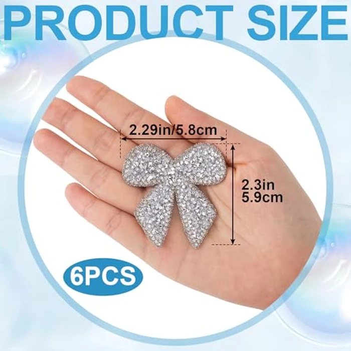SmallCat 6pcs Bow Rhinestone Patches, Glitter Bowknot Applique, Self-Adhesive Repair Bow Clothing Patches for Jackets Hats Bags Jeans Shoes- Silver by SmallCat - Image 2