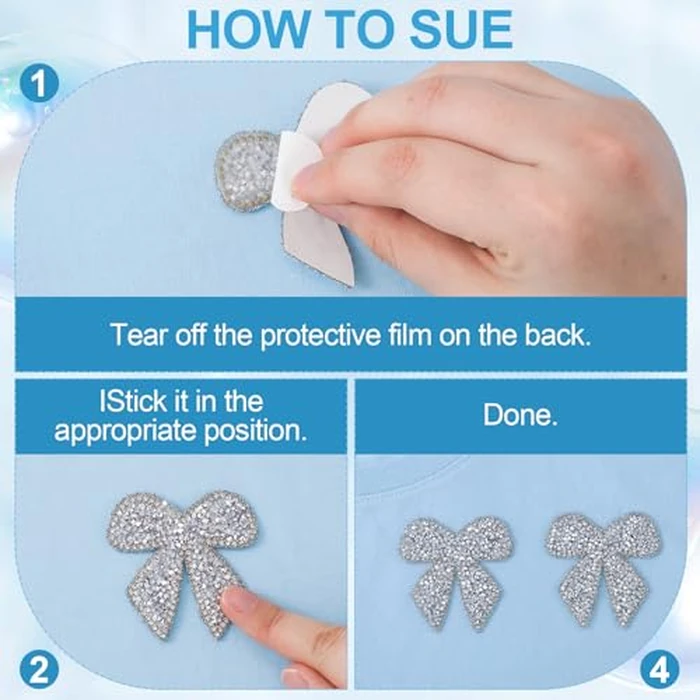 SmallCat 6pcs Bow Rhinestone Patches, Glitter Bowknot Applique, Self-Adhesive Repair Bow Clothing Patches for Jackets Hats Bags Jeans Shoes- Silver by SmallCat - Image 4