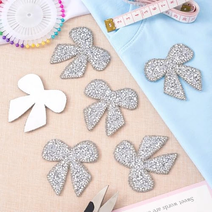SmallCat 6pcs Bow Rhinestone Patches, Glitter Bowknot Applique, Self-Adhesive Repair Bow Clothing Patches for Jackets Hats Bags Jeans Shoes- Silver by SmallCat - Image 5