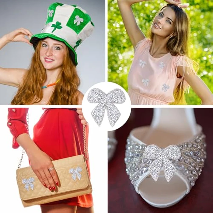 SmallCat 6pcs Bow Rhinestone Patches, Glitter Bowknot Applique, Self-Adhesive Repair Bow Clothing Patches for Jackets Hats Bags Jeans Shoes- Silver by SmallCat - Image 6