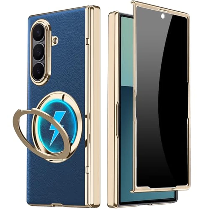 YQODSZ for Samsung Galaxy Z Fold 7 Leather Case with Ring Stand, Z Fold 7 Magnetic Case Compatible Magsafe Accessories Privacy Screen Protector Hinge Cover Anti-spy Phone Case for Z Fold 7 Blue by YQODSZ - Used - Acceptable condition