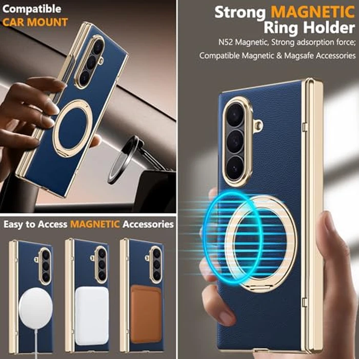 YQODSZ for Samsung Galaxy Z Fold 7 Leather Case with Ring Stand, Z Fold 7 Magnetic Case Compatible Magsafe Accessories Privacy Screen Protector Hinge Cover Anti-spy Phone Case for Z Fold 7 Blue by YQODSZ - Image 3