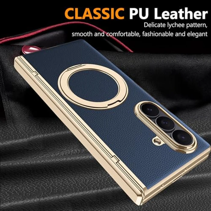 YQODSZ for Samsung Galaxy Z Fold 7 Leather Case with Ring Stand, Z Fold 7 Magnetic Case Compatible Magsafe Accessories Privacy Screen Protector Hinge Cover Anti-spy Phone Case for Z Fold 7 Blue by YQODSZ - Image 6