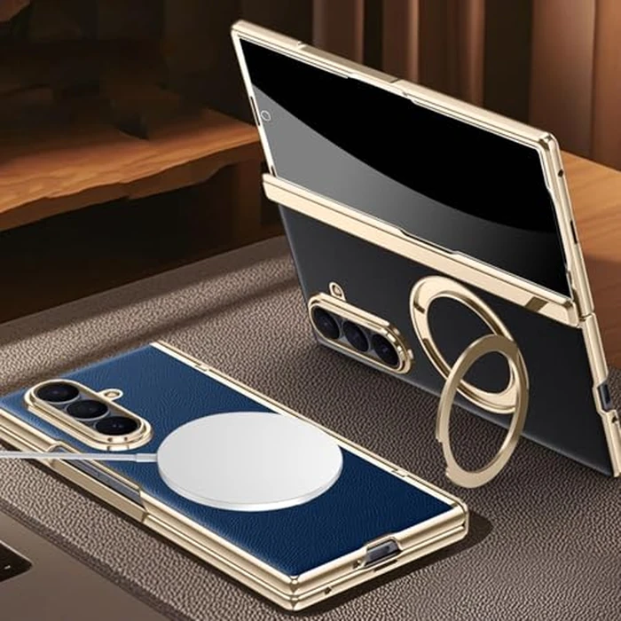 YQODSZ for Samsung Galaxy Z Fold 7 Leather Case with Ring Stand, Z Fold 7 Magnetic Case Compatible Magsafe Accessories Privacy Screen Protector Hinge Cover Anti-spy Phone Case for Z Fold 7 Blue by YQODSZ - Image 7