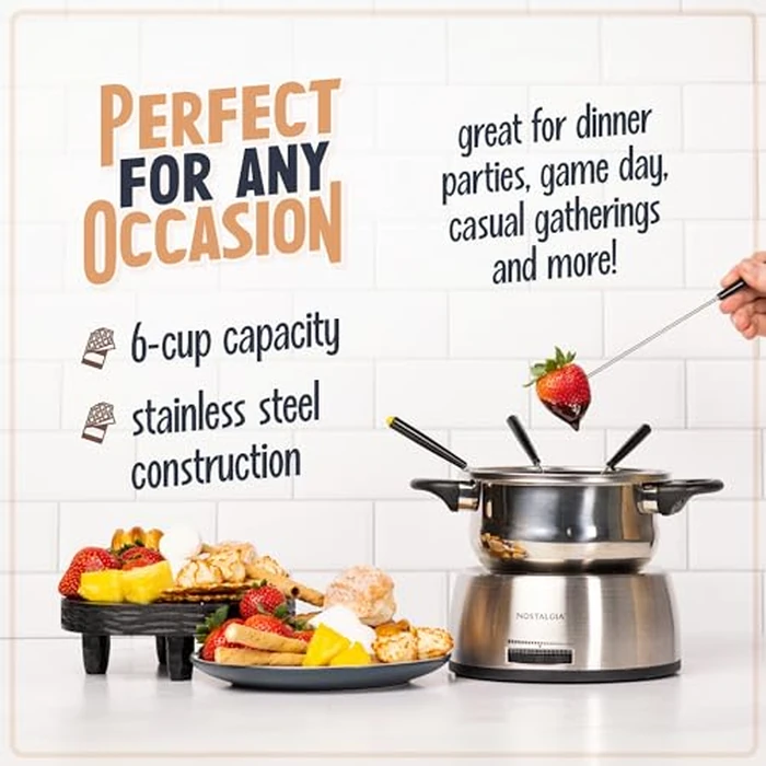 Nostalgia 6-Cup Electric Fondue Pot Set for Cheese & Chocolate - 6 Color-Coded Forks, Temperature Control - Stainless Steel Kitchen Gadgets and Appliances for Hors d'Oeuvres and More - Stainless Steel by Nostalgia - Image 3