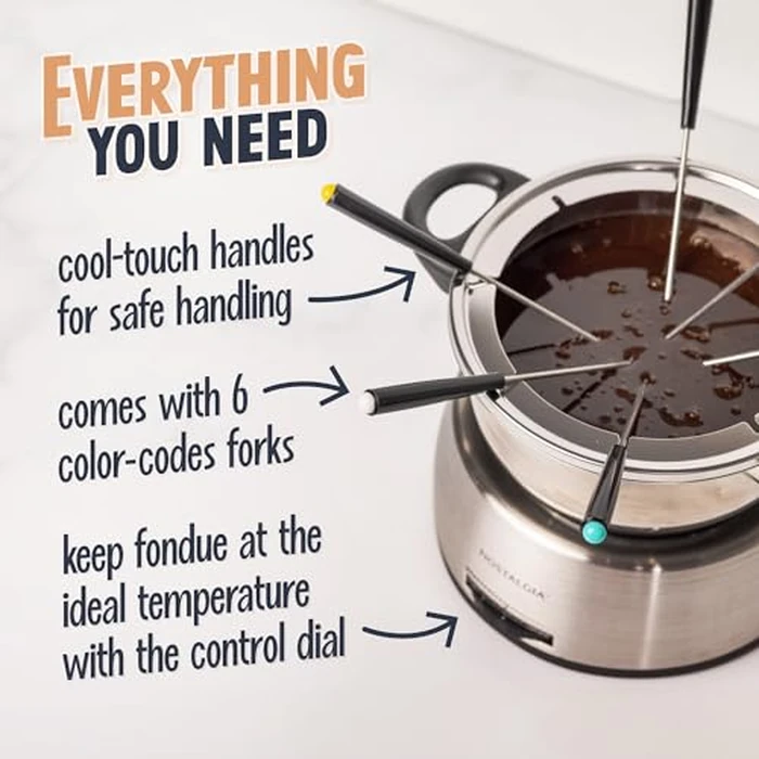 Nostalgia 6-Cup Electric Fondue Pot Set for Cheese & Chocolate - 6 Color-Coded Forks, Temperature Control - Stainless Steel Kitchen Gadgets and Appliances for Hors d'Oeuvres and More - Stainless Steel by Nostalgia - Image 4
