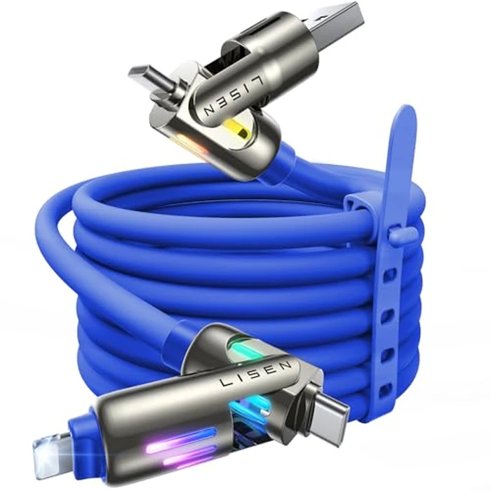 LISEN USB C to Lightning Cable, 240W 4 in 1 Charging Cable 6.6FT, Chubby USB A/C to C/Lightning with Light for iPhone Charger Fast Charging iPhone Air 17 16 15 14 Pro/MacBook/iPad, Dark Blue by LISEN - Used - Like New condition - US$18.04