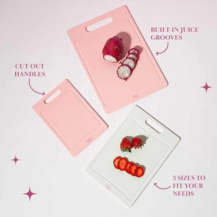 Paris Hilton Cutting Boards, Dual-Sided Cutting Board Set with Built-in Juice Grooves, Easy-Grip Handles, Heavy-Duty Plastic Made without BPA, Dishwasher Safe, 3-Piece Set, Pink and Cream by Paris Hilton - Image 4